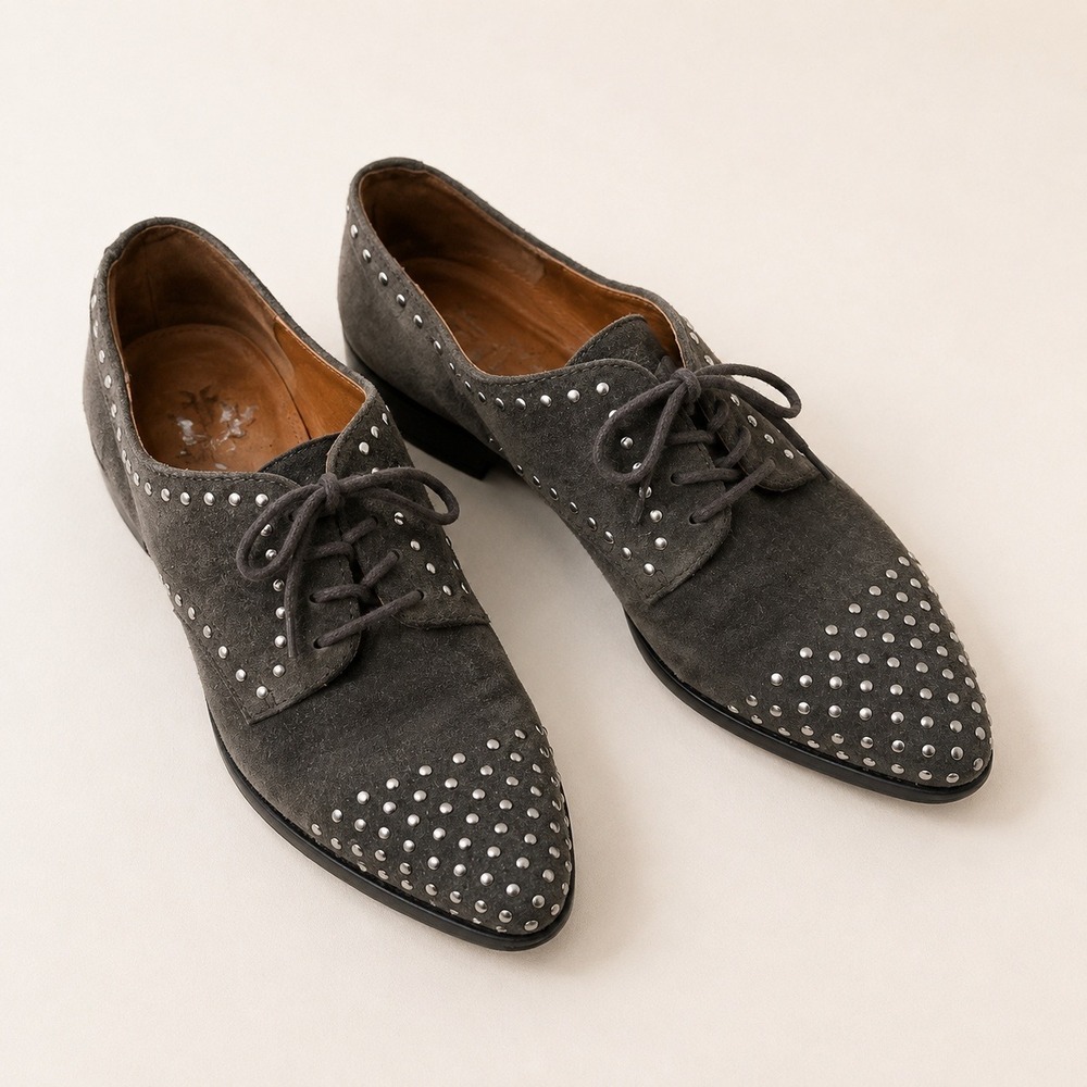 Frye Sacha Studded Oxford Grey Suede Pointed Toe Shoes Womens 7 Western Goth